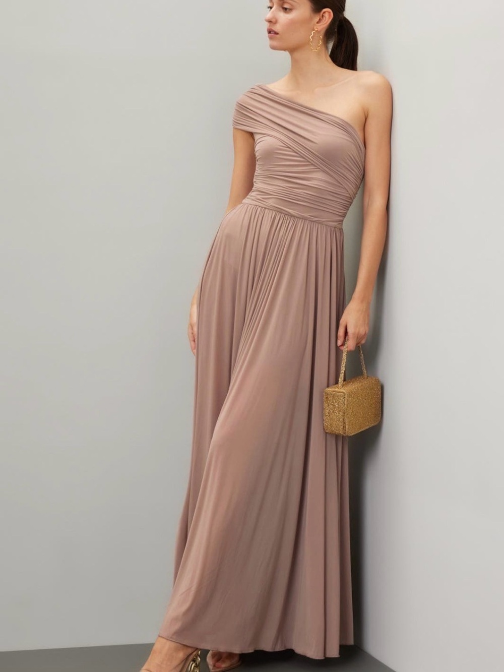 Ronny Kobo One-Shoulder Taupe Maxi Dress